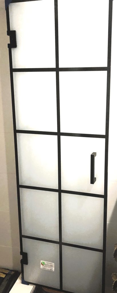 grid shower door over low iron frosted patterned shower glass